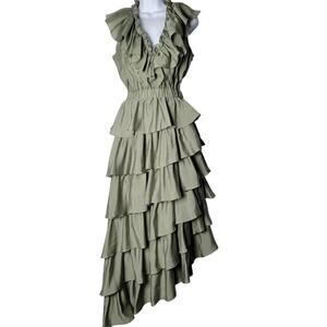 Elliatt XS Sage Green Ruffle Tiered Maxi Dress Asymmetrical‎ Hem Prom Formal